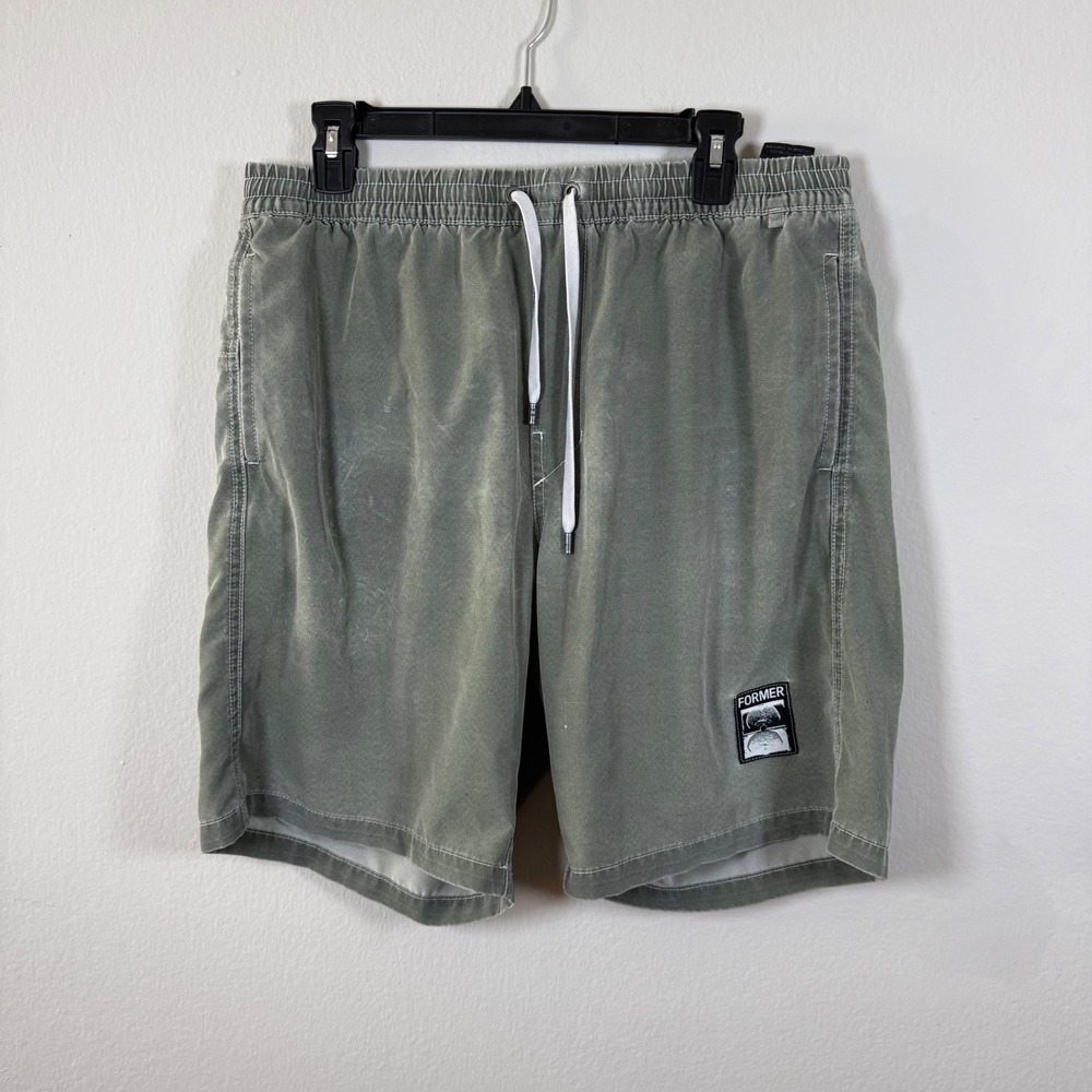 FORMER Mens Gray Elastic Waist Drawstring Shorts w Zipper Pocket Size 36 stained